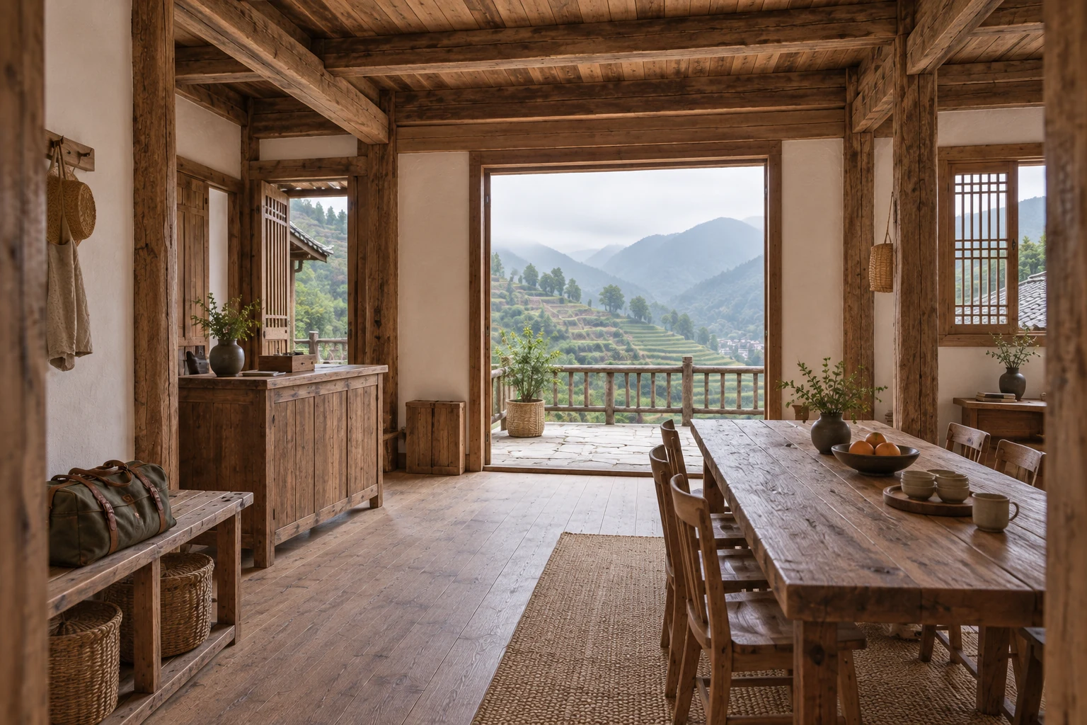 温暖的公共客厅和共享餐桌山居概念